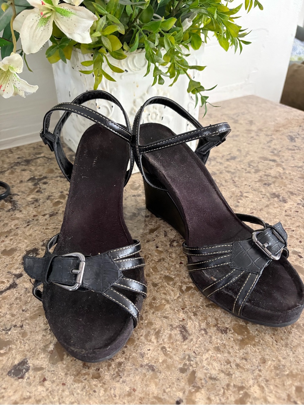 A2 By Aerosoles Black Strappy Wedge Sandals with Buckle